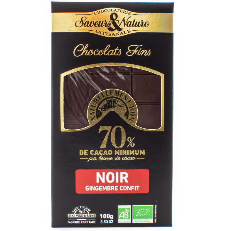 Tablette de Chocolat Noir 70% Gingembre Confit Bio 100g