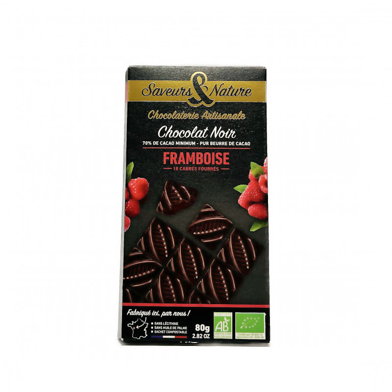 Carrés Au Chocolat Noir Fourrés À La Framboise Bio 80g
