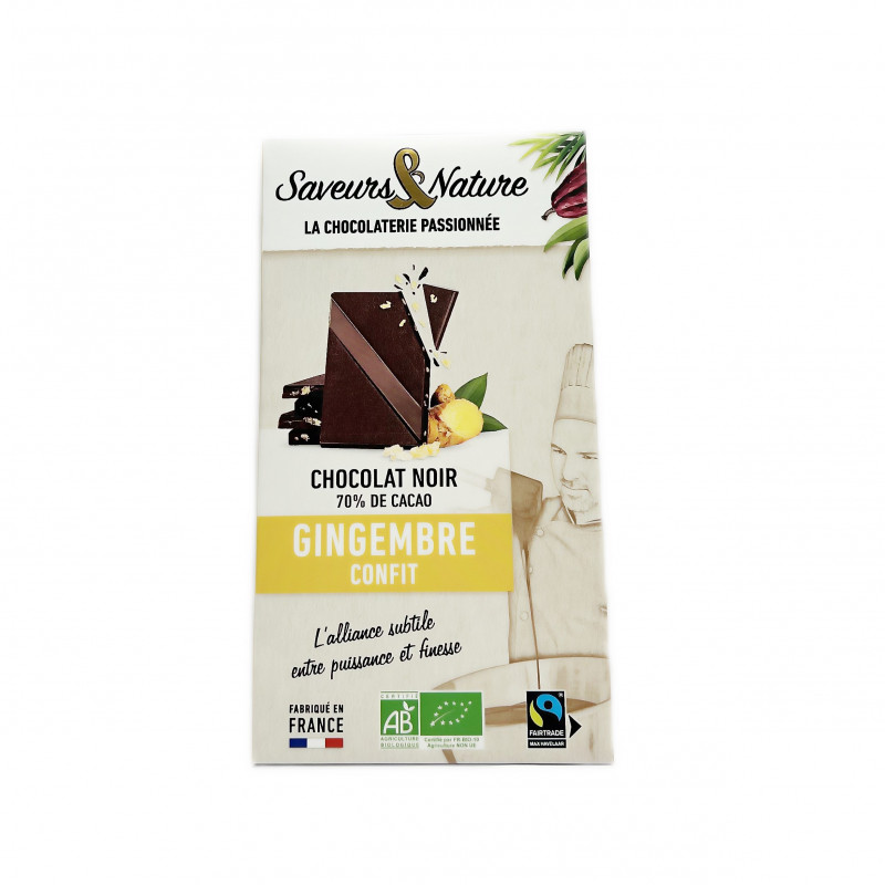 Chocolat Noir 70% Gingembre Confit Bio 80g