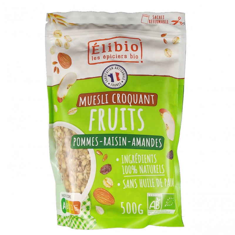 Muesli Croquante Fruits Pommes Raisin Amandes 500g Bio